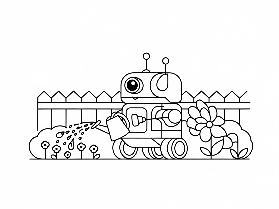 Robot Gardener Tending a Blooming Garden