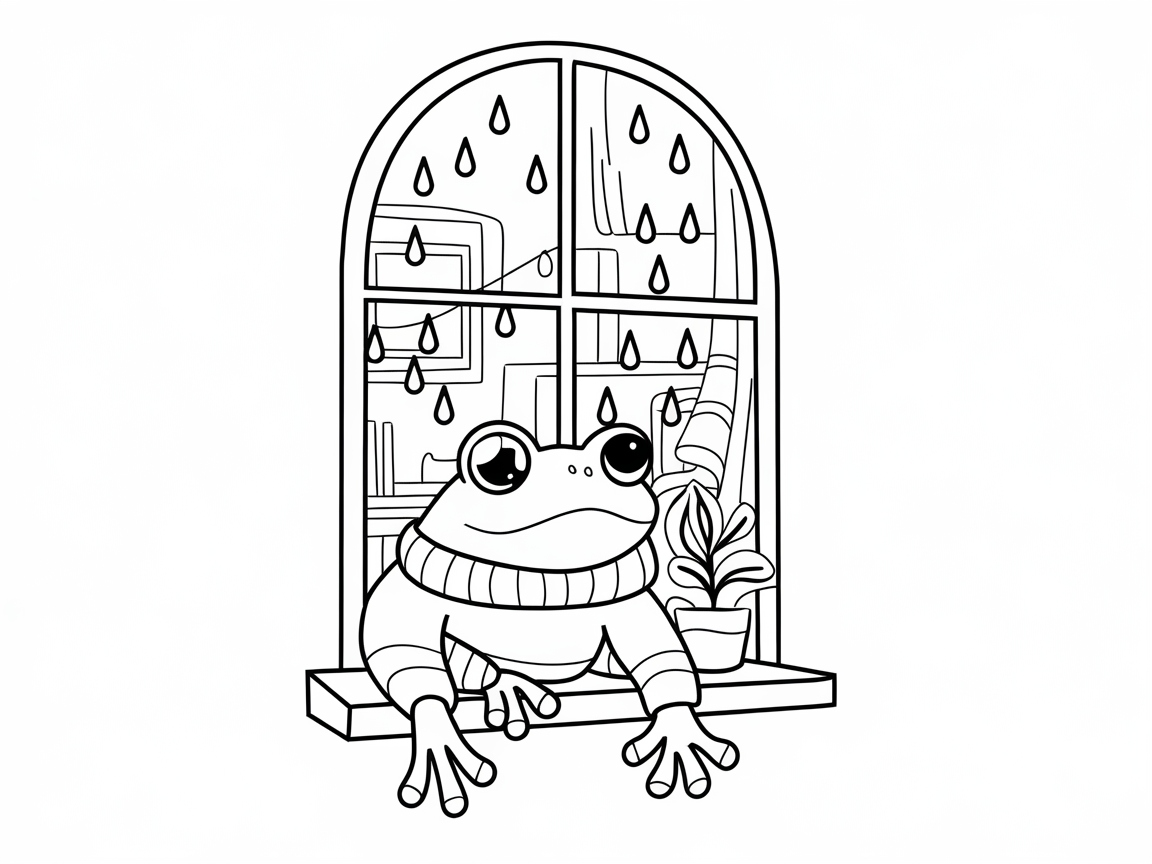 Cozy Frog Gazing at Rain from a Window Coloring Page
