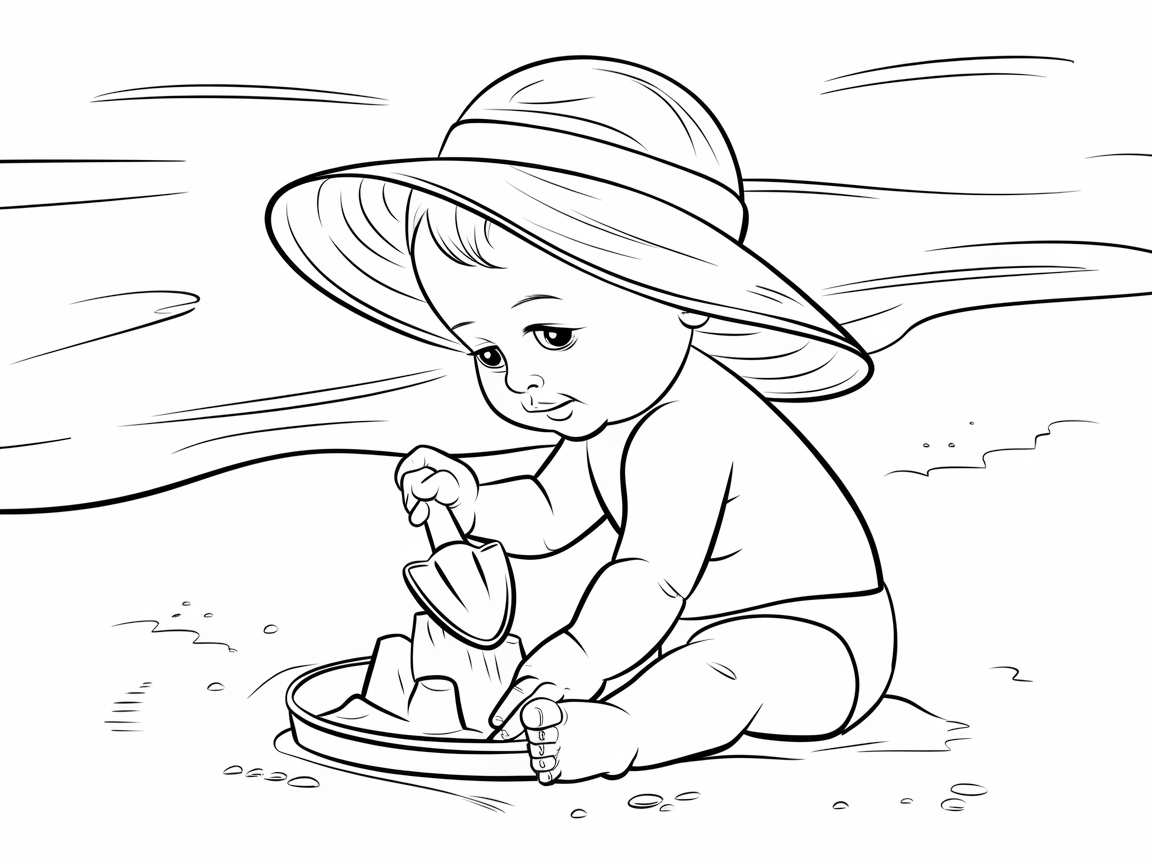 Beach Day Fun: Baby Building Sandcastles Coloring Page
