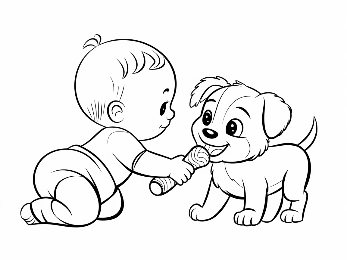 Playful Moment: Baby and Puppy Friendship Coloring Page
