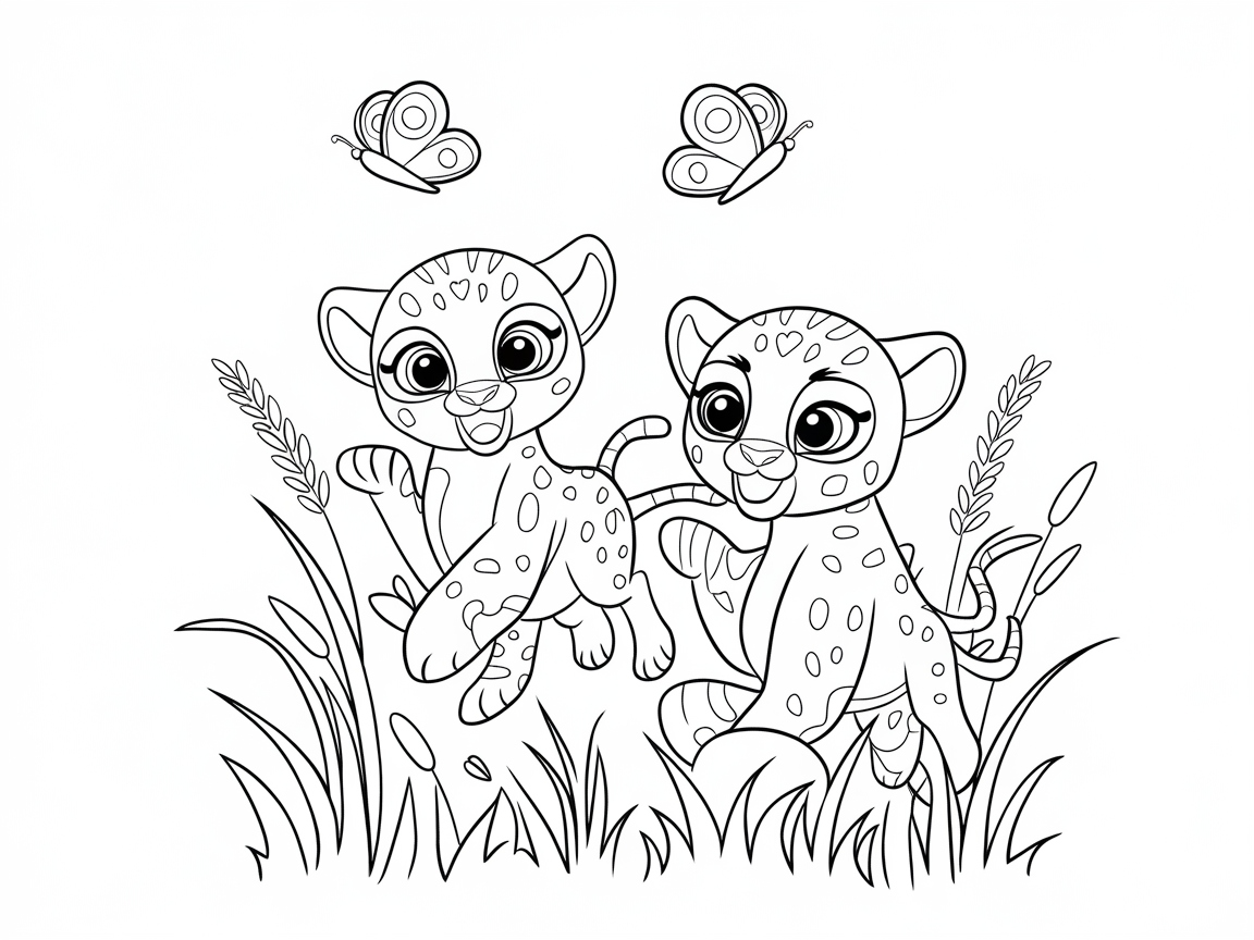 Playful Cheetah Cubs with Fluttering Butterflies