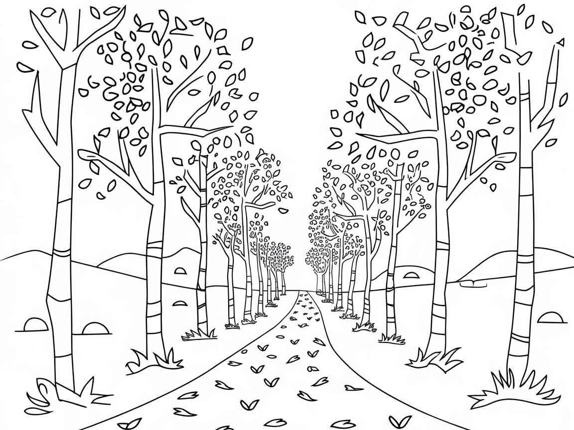 Leafy Pathway Through Tall Trees Coloring Page
