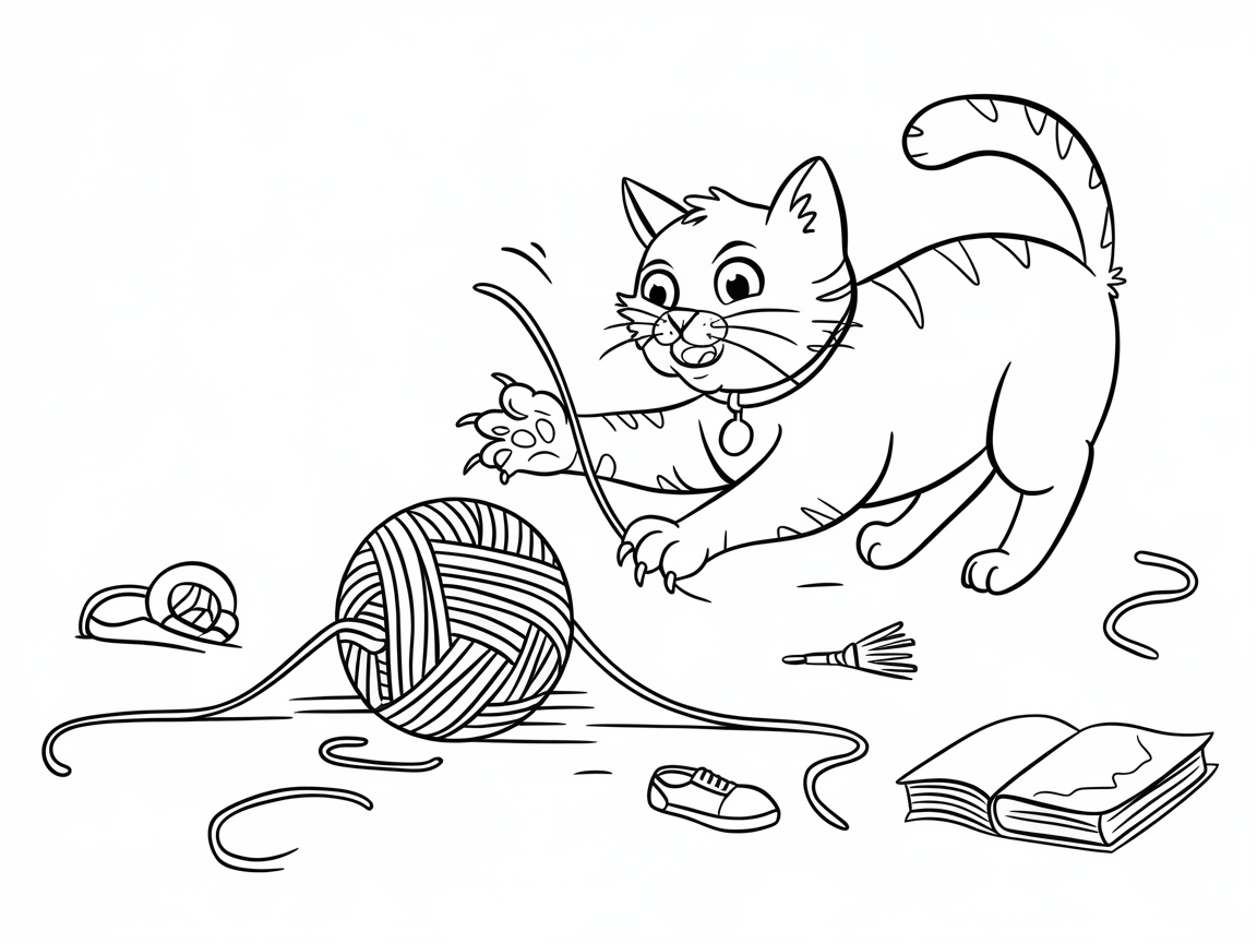 Playful Kitty and Yarn Ball Coloring Page