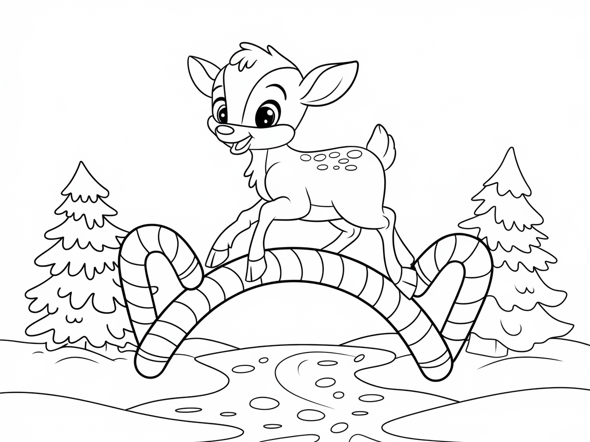 Joyful Baby Reindeer Crossing a Candy Cane Bridge