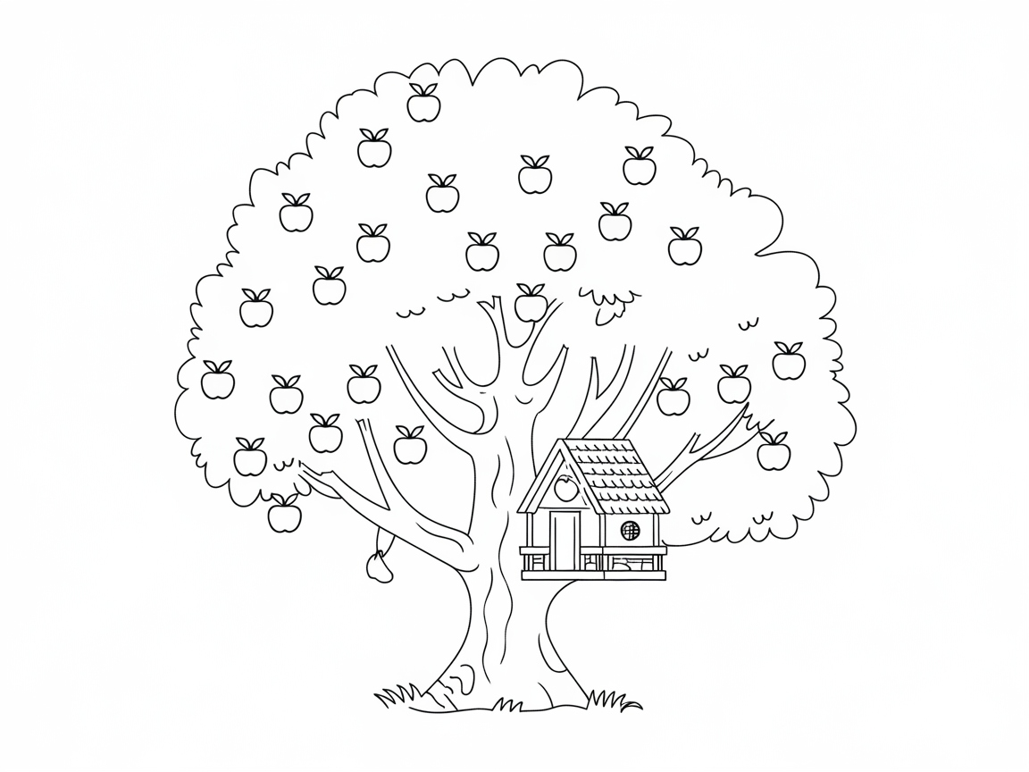 Color This Cozy Treehouse and Its Bountiful Apples