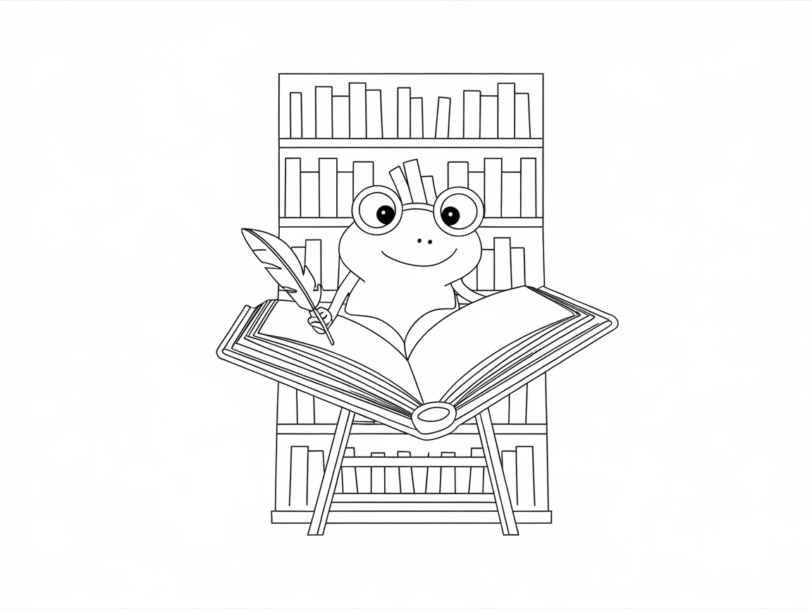Literary Frog in the Library Coloring Page
