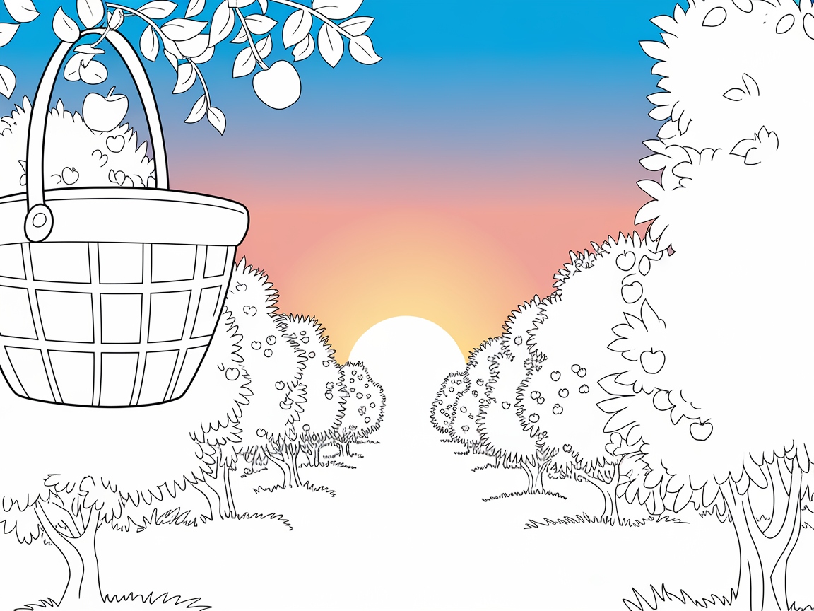 Color a Tranquil Sunset Over an Apple Orchard