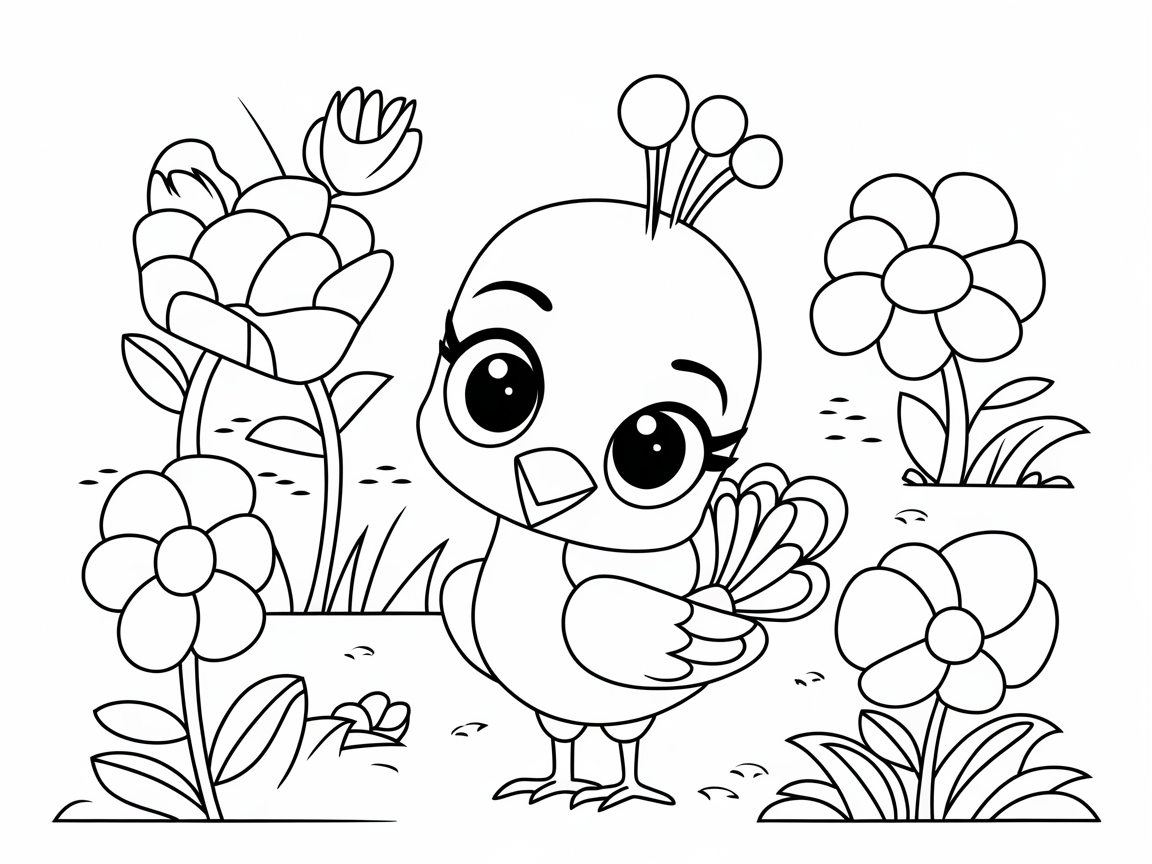 Bright-Eyed Chick in a Floral Wonderland