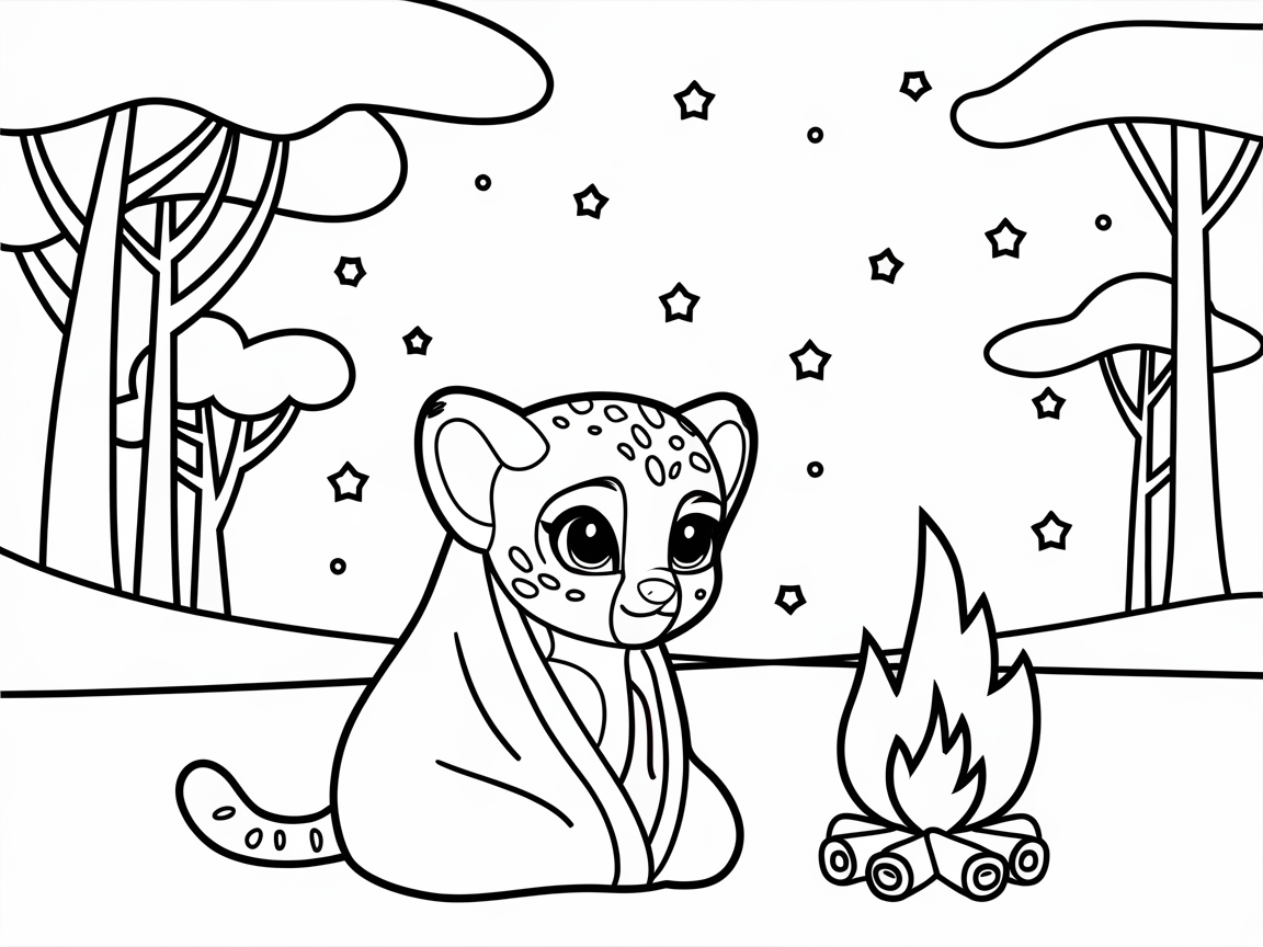 Cozy Cheetah Cub by a Campfire Under Stars