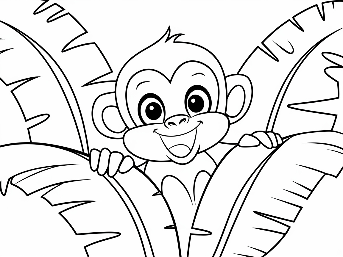 Peekaboo Monkey Among the Banana Leaves