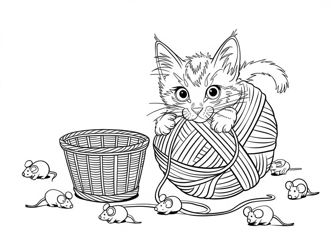 Adorable Kitten and Yarn Ball Adventure