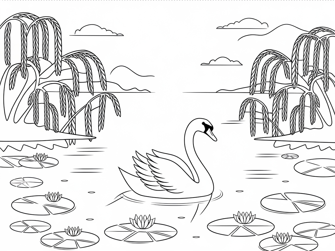 Serene Swan on a Tranquil Pond Coloring Page