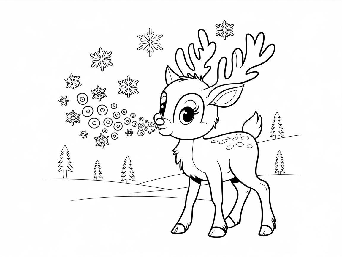 Baby Reindeer Blowing Snowflakes in a Winter Landscape