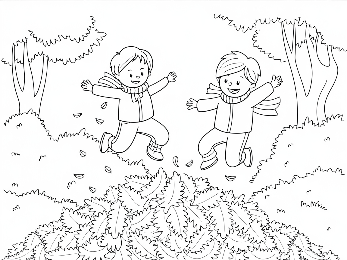 Joyful Leaf Pile Jumping Coloring Page