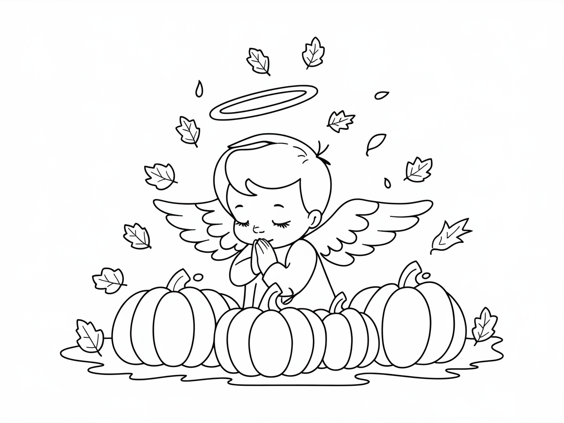 Praying Baby Angel Amidst Pumpkins and Autumn Leaves Coloring Page