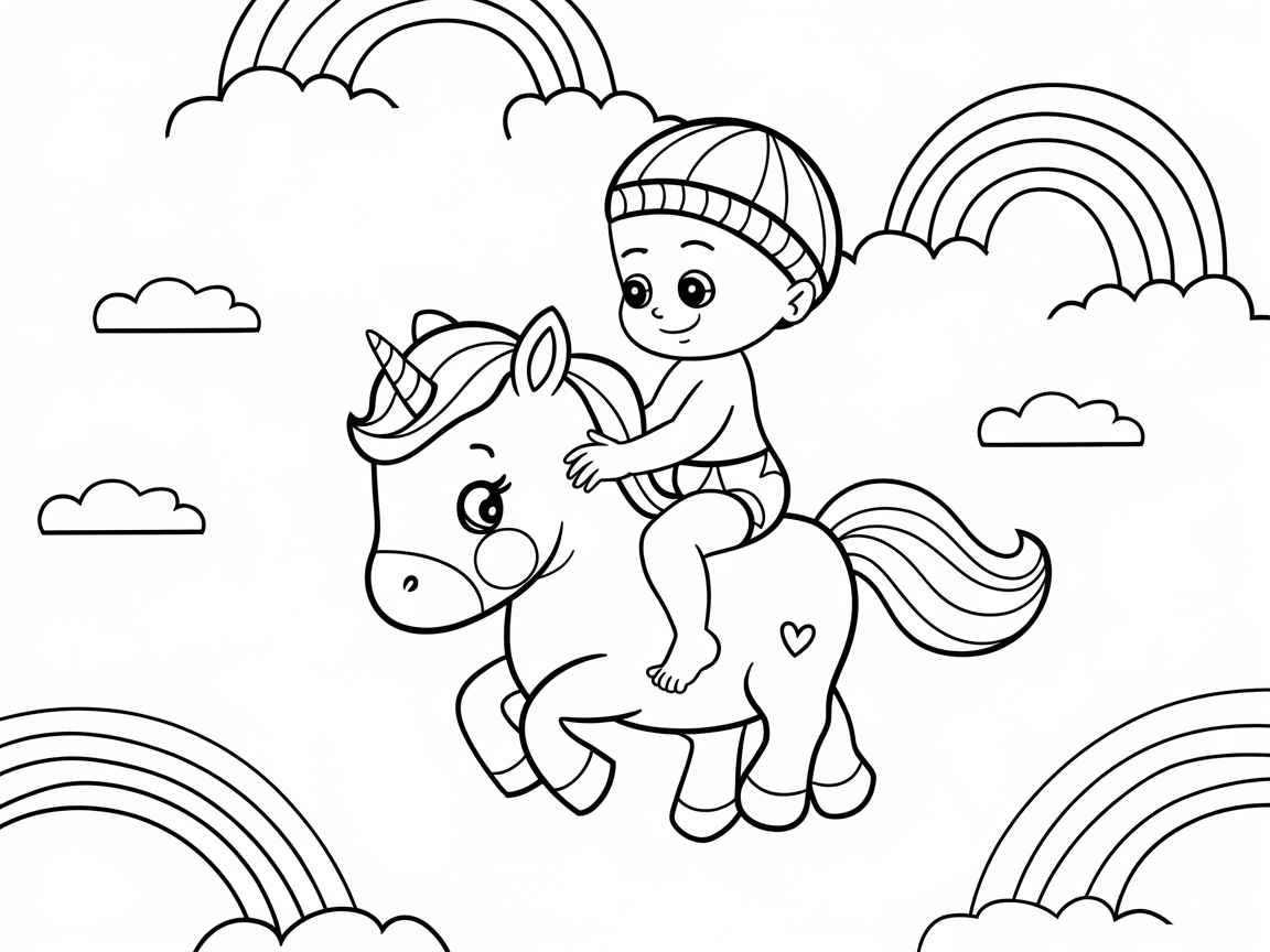 Magical Ride: Baby and Unicorn Among Rainbows