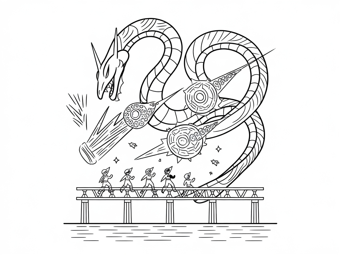 Epic Serpent Attack on the Bridge Coloring Page