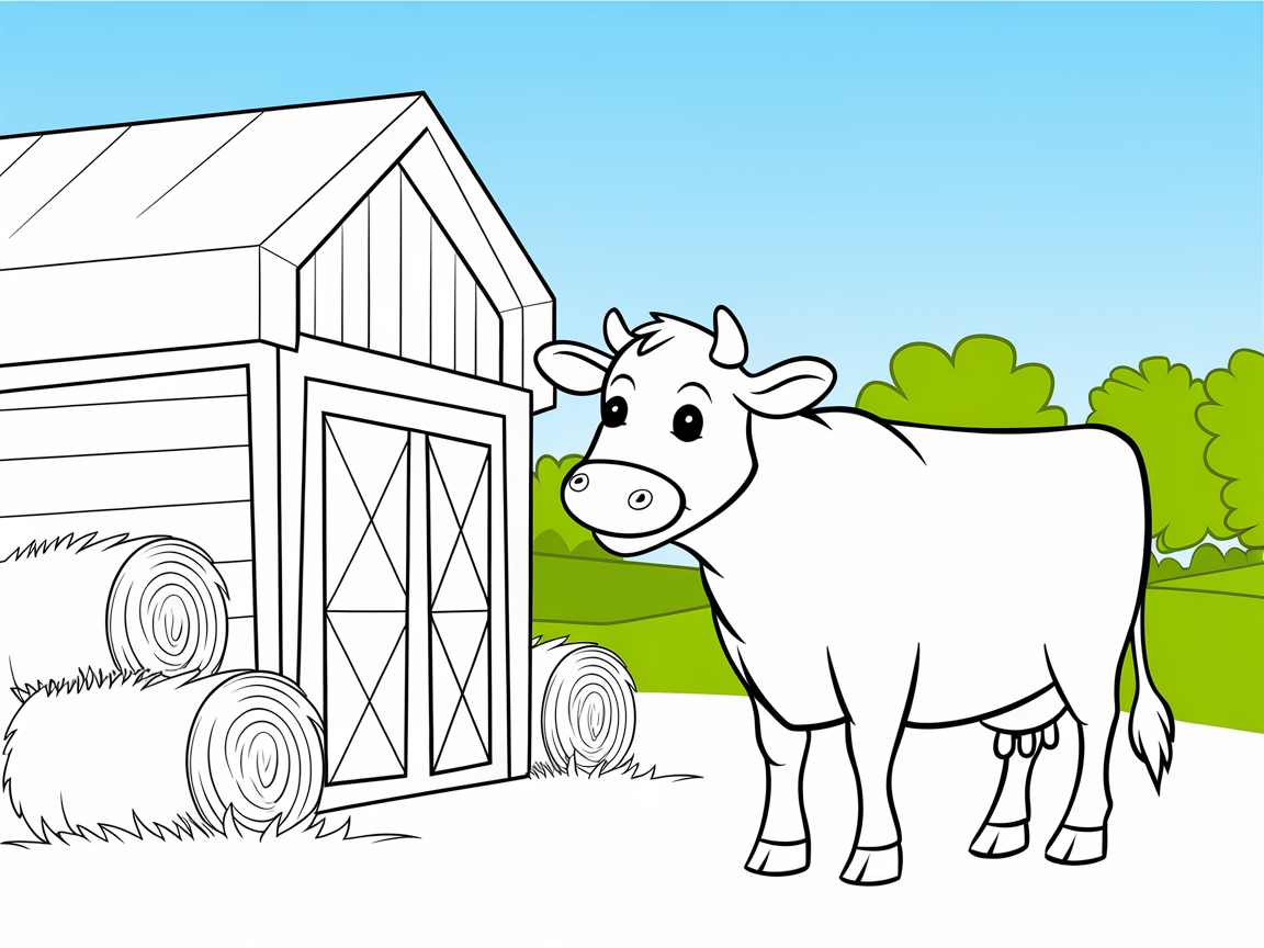 Farmyard Cow and Barn Scene Coloring Page