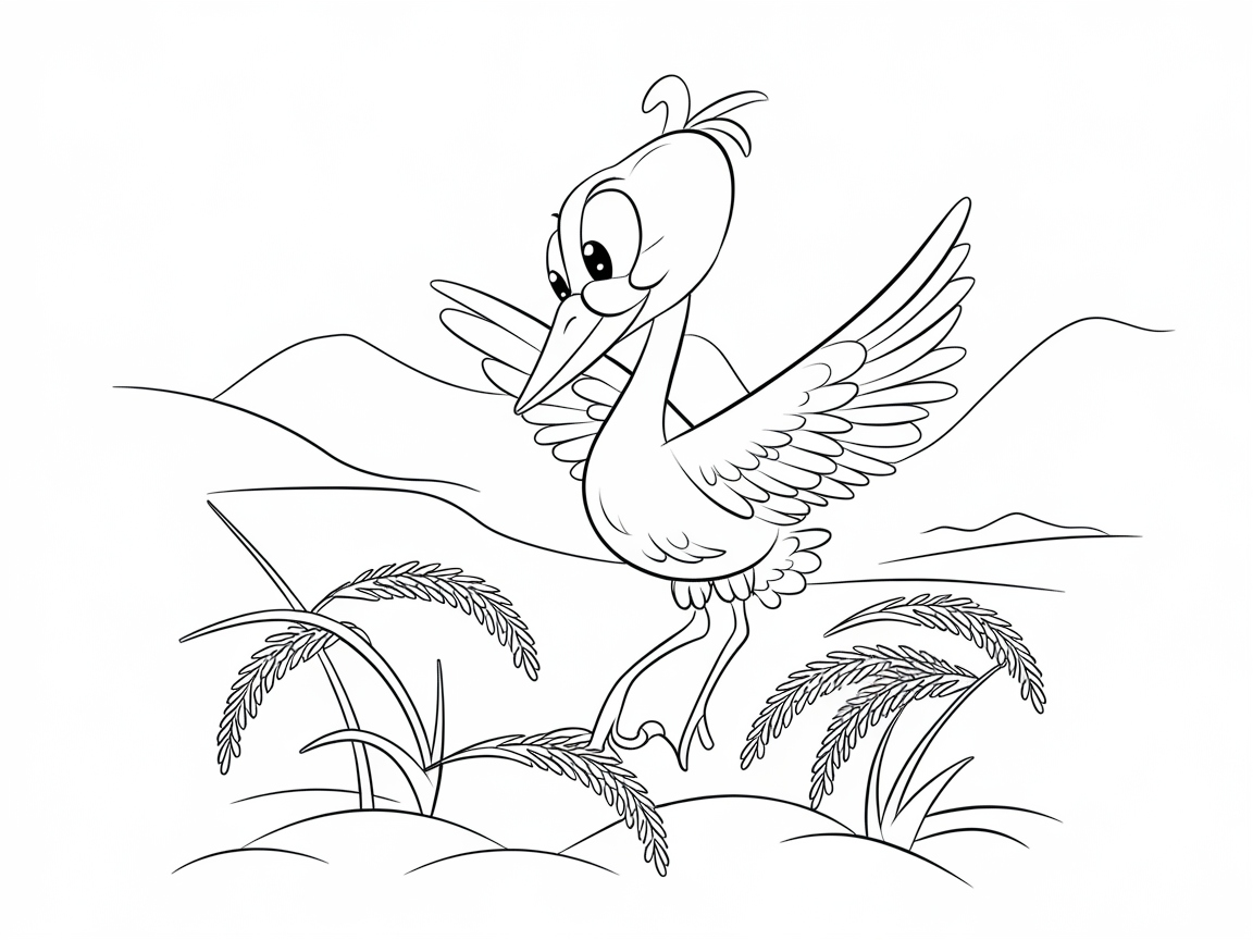 Joyful Young Crane Dancing in the Fields