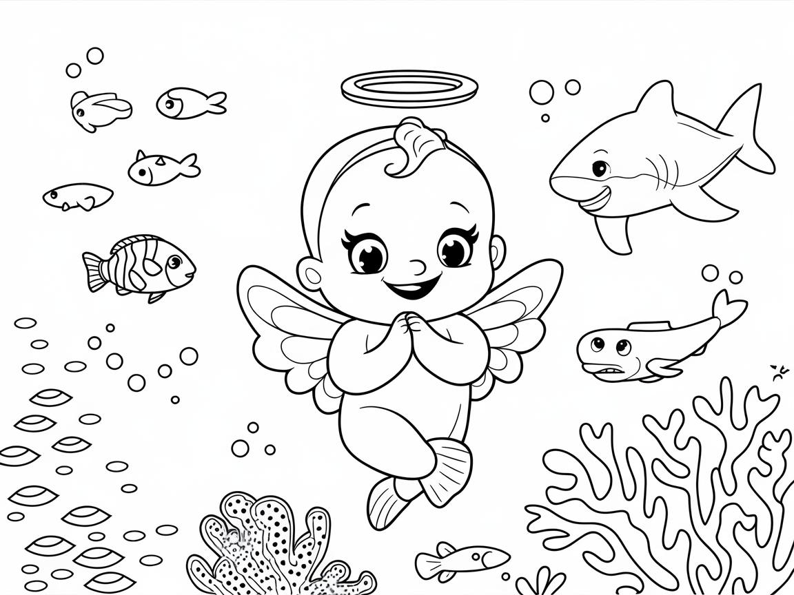 Cute Baby Angel with Ocean Friends Coloring Page