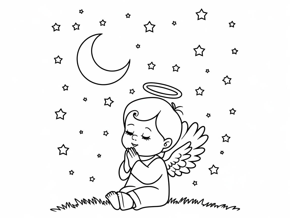 Serene Baby Angel Under a Starry Night Coloring Page