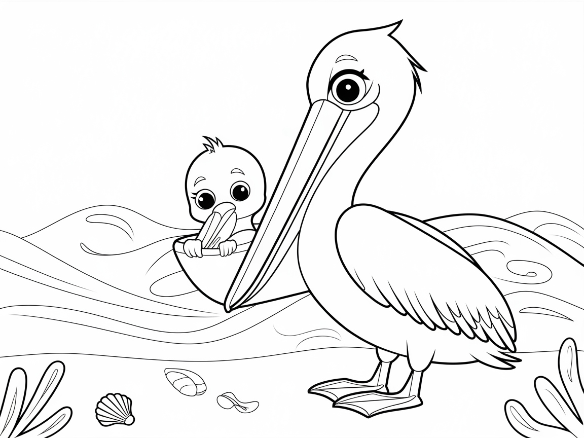 Adventurous Pelican and Chick by the Bay