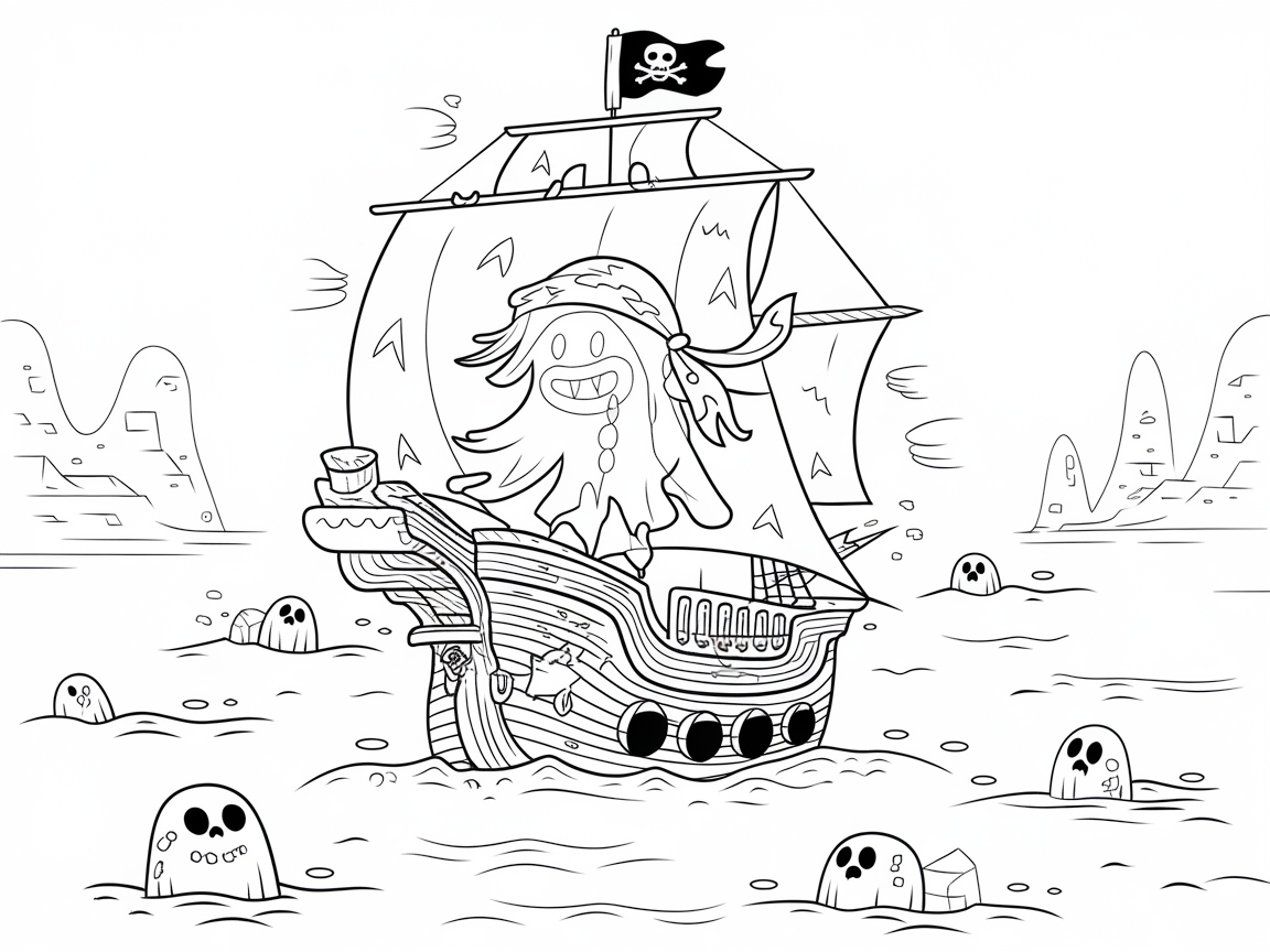 Sail the Ghostly Seas with This Pirate Ship Coloring Page