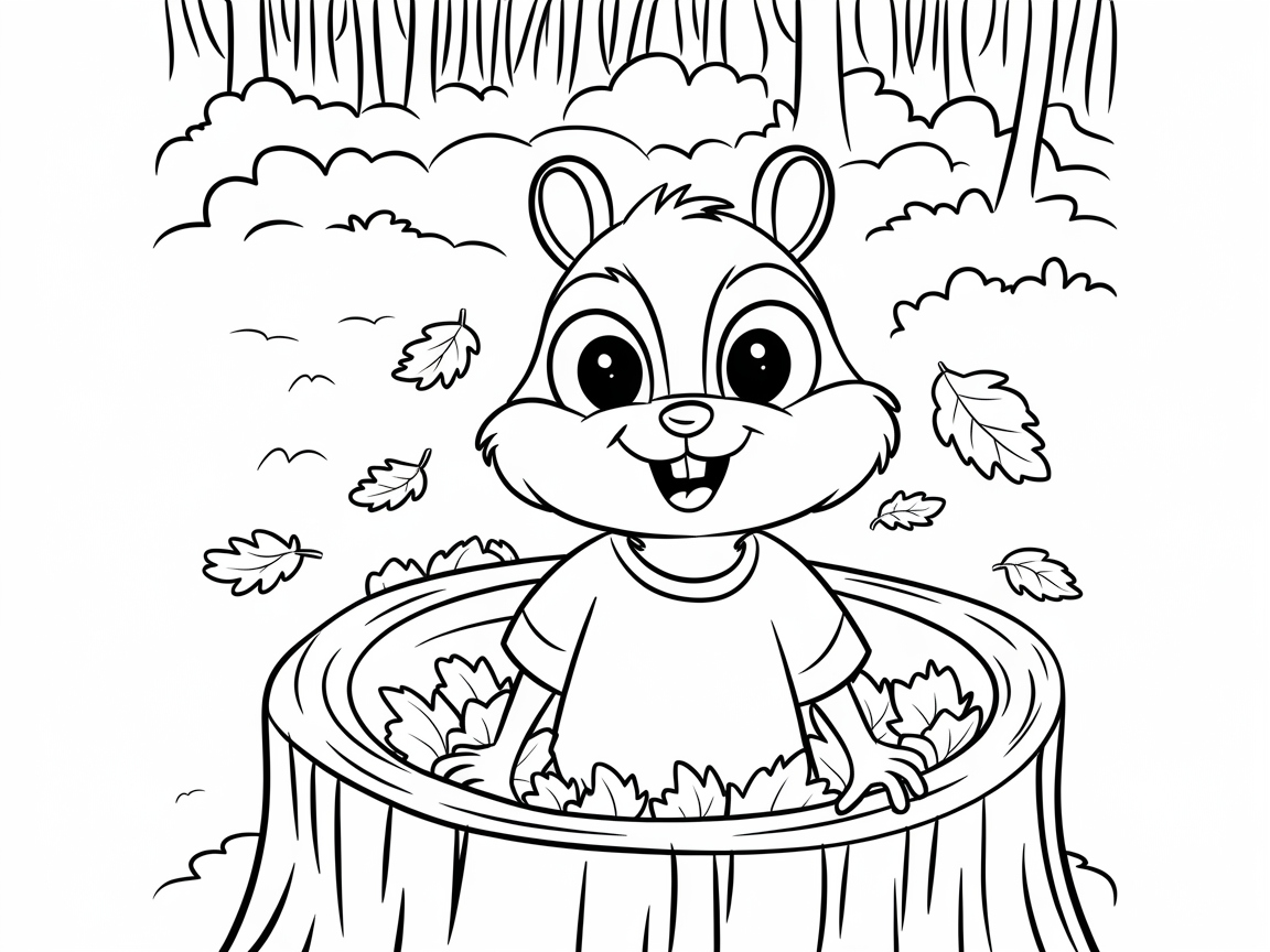 Playful Chipmunk in Tree Stump Coloring Page