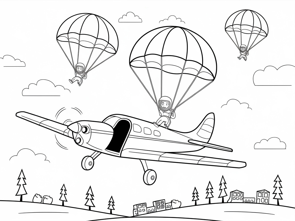 Parachute Adventure with This Cartoon Plane Coloring Page