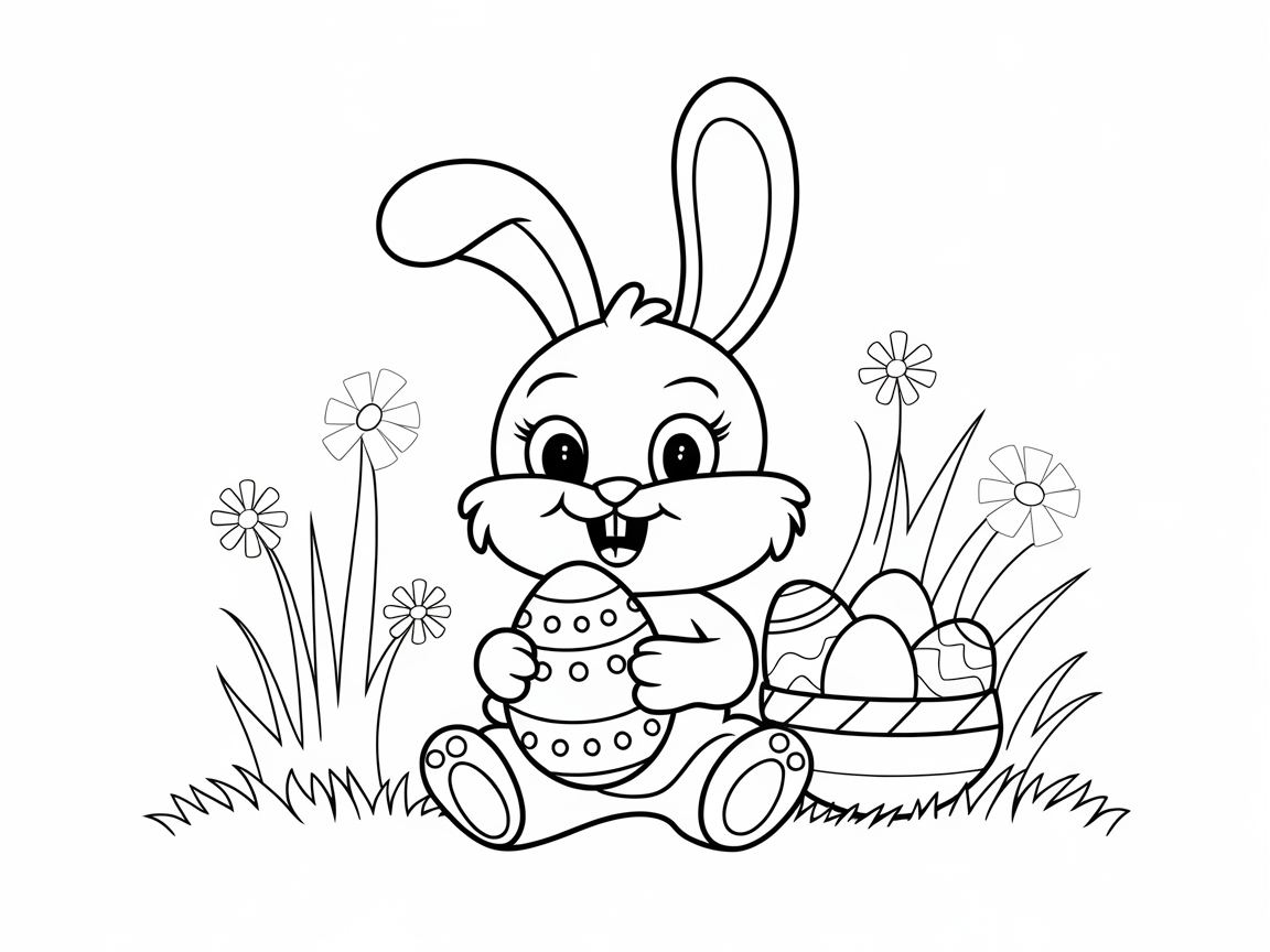 Easter Bunny with Eggs and Flowers Awaits Your Colorful Touch