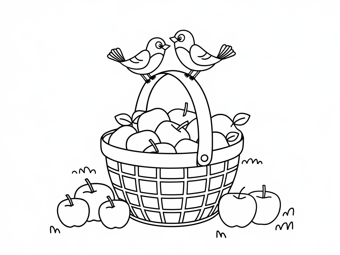 Birds and Apples Delight in a Basket Scene