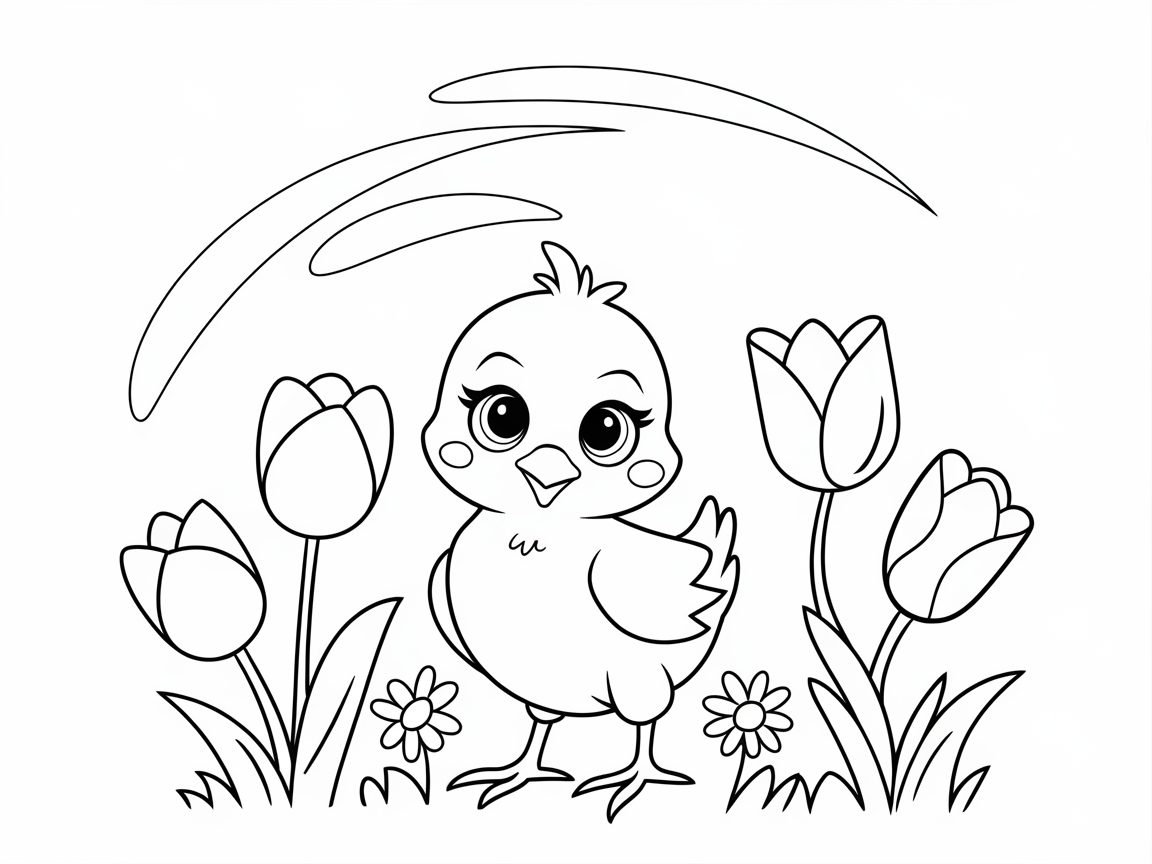 Springtime Chick and Tulip Scene