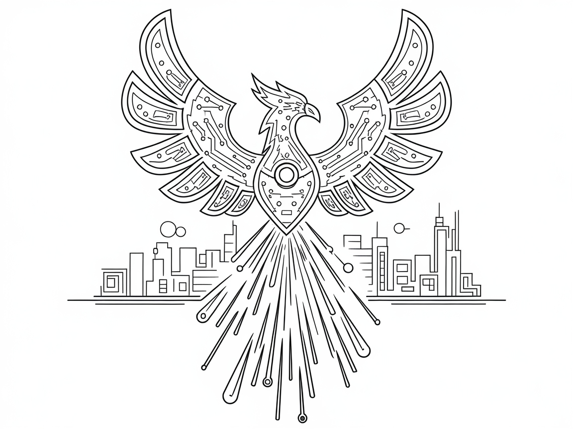 Majestic Cyber-Phoenix Cityscape Coloring Page