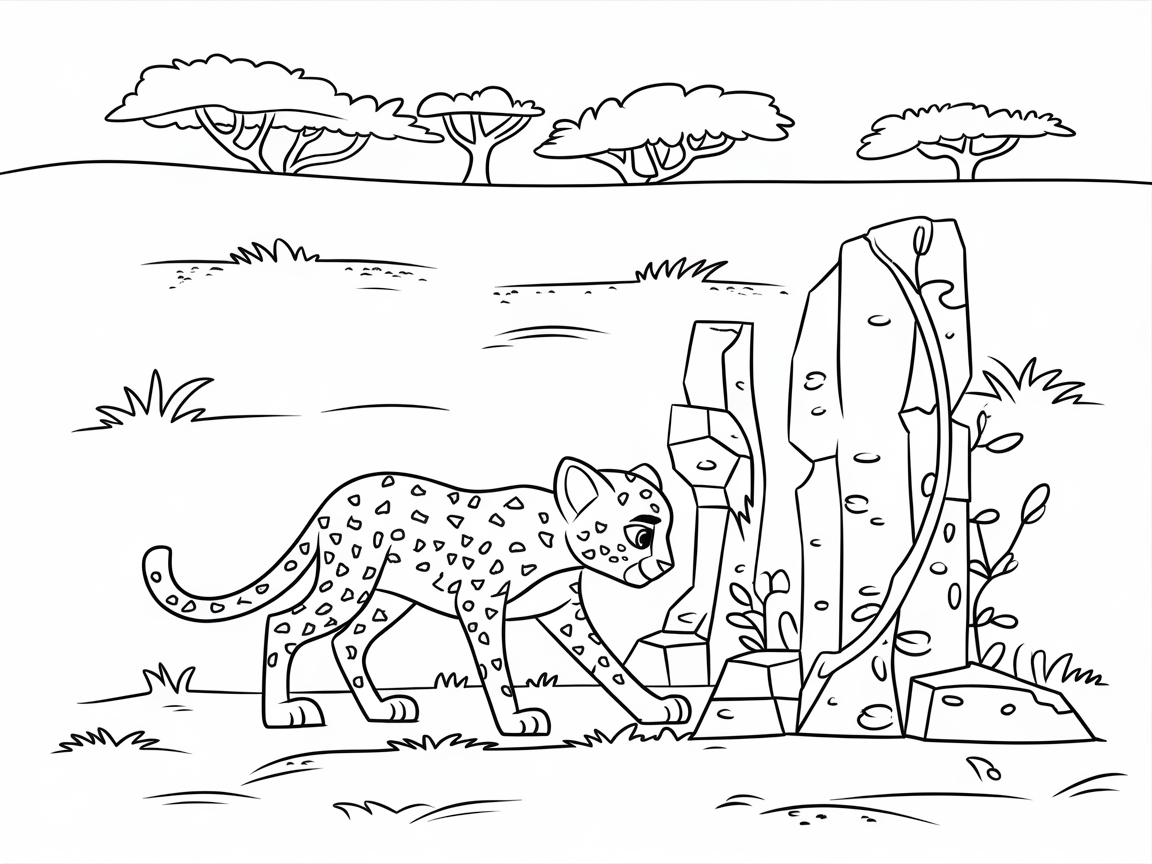 Exploring Cheetah Cub Amidst Savannah Rocks