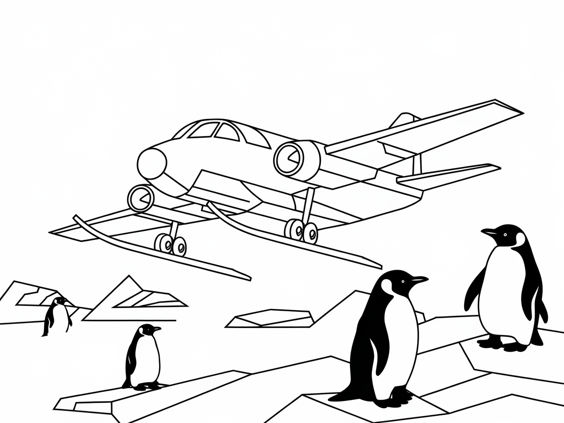 Adventure in the Arctic with This Airplane and Penguins Coloring Page