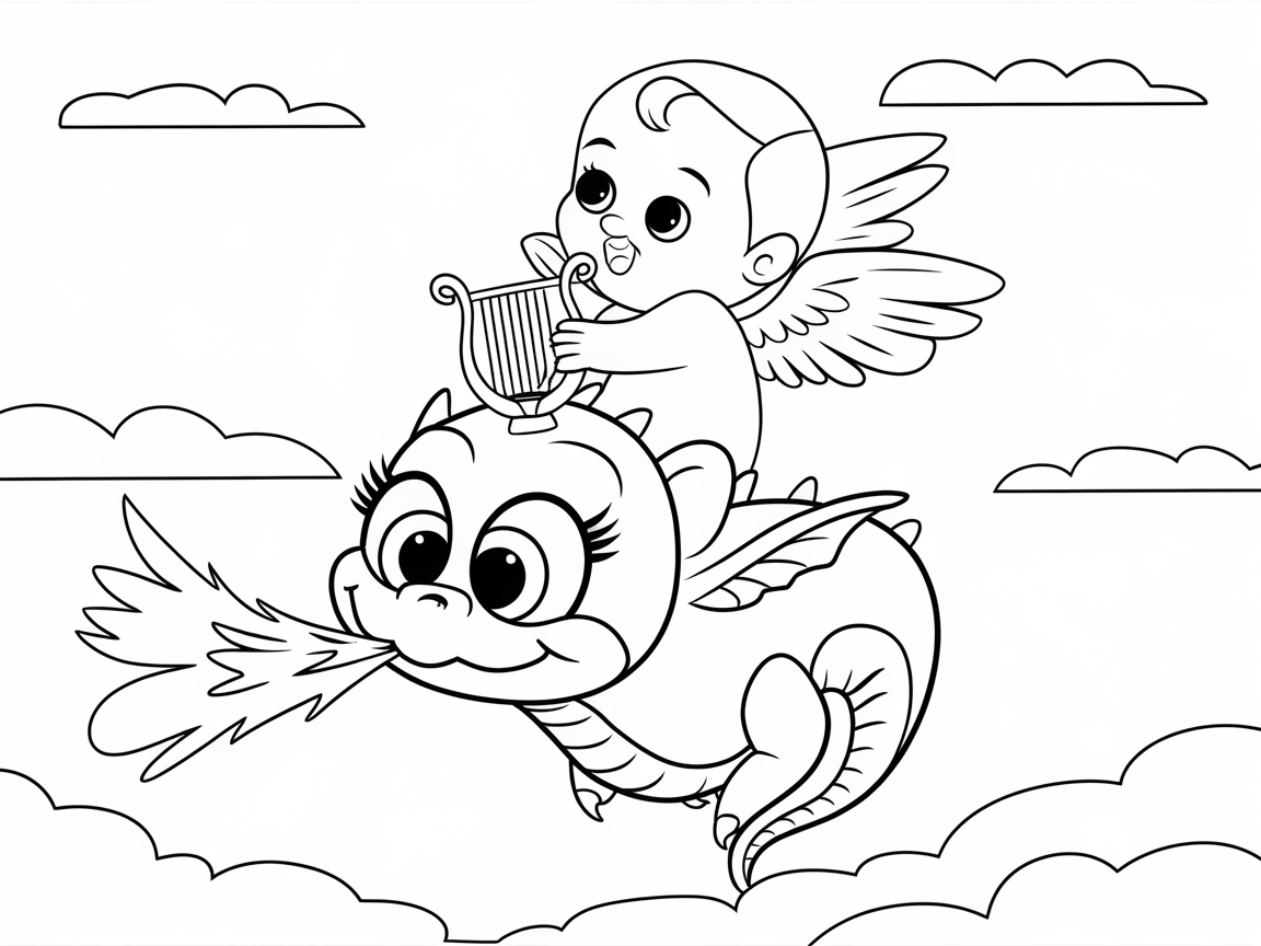 Joyful Angel Baby Riding a Playful Dragon