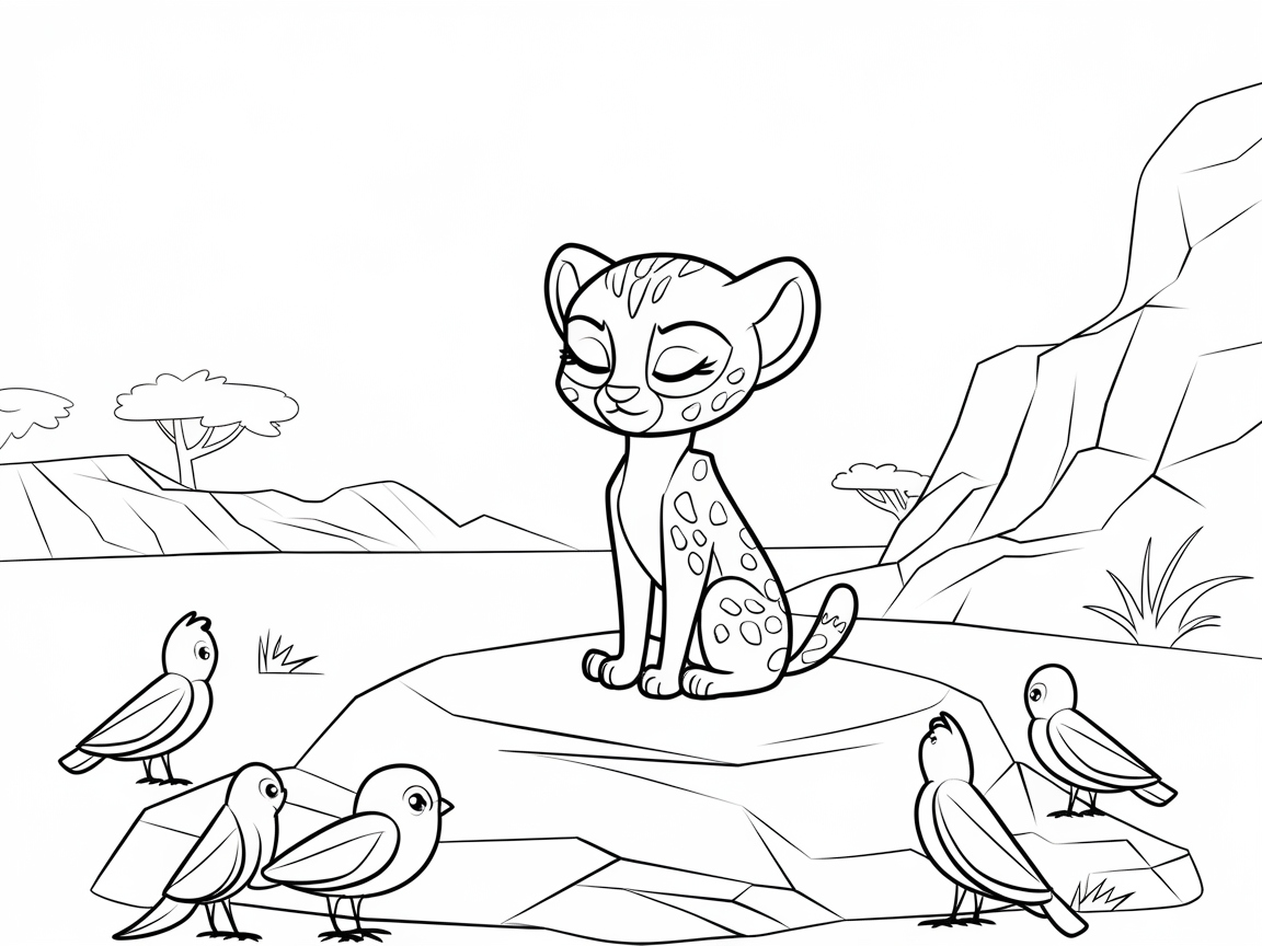Content Cheetah Cub Among Chirping Birds