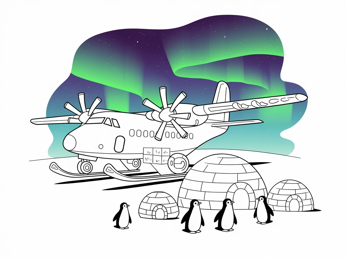 Explore the Arctic with This Airplane and Penguins Coloring Page