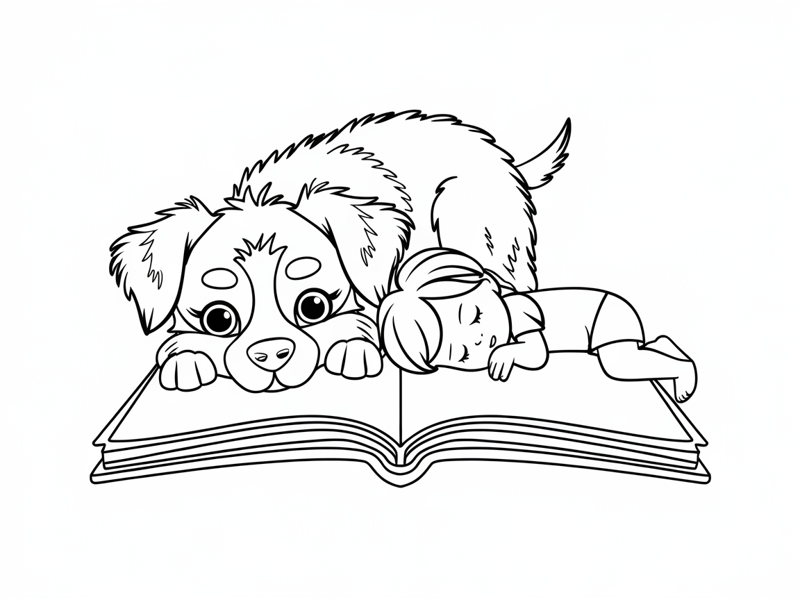 Dreamy Nap Time: Puppy and Child with Storybook