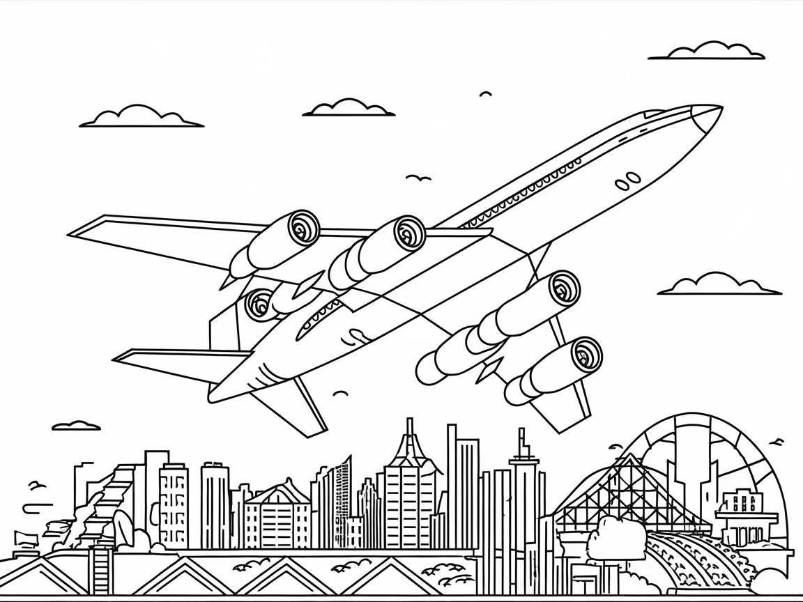 Jet Above the Skyline with This Cityscape Airplane Coloring Page