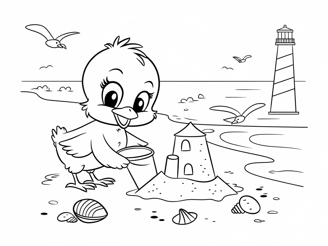 Seaside Fun with a Sandcastle-Building Chick