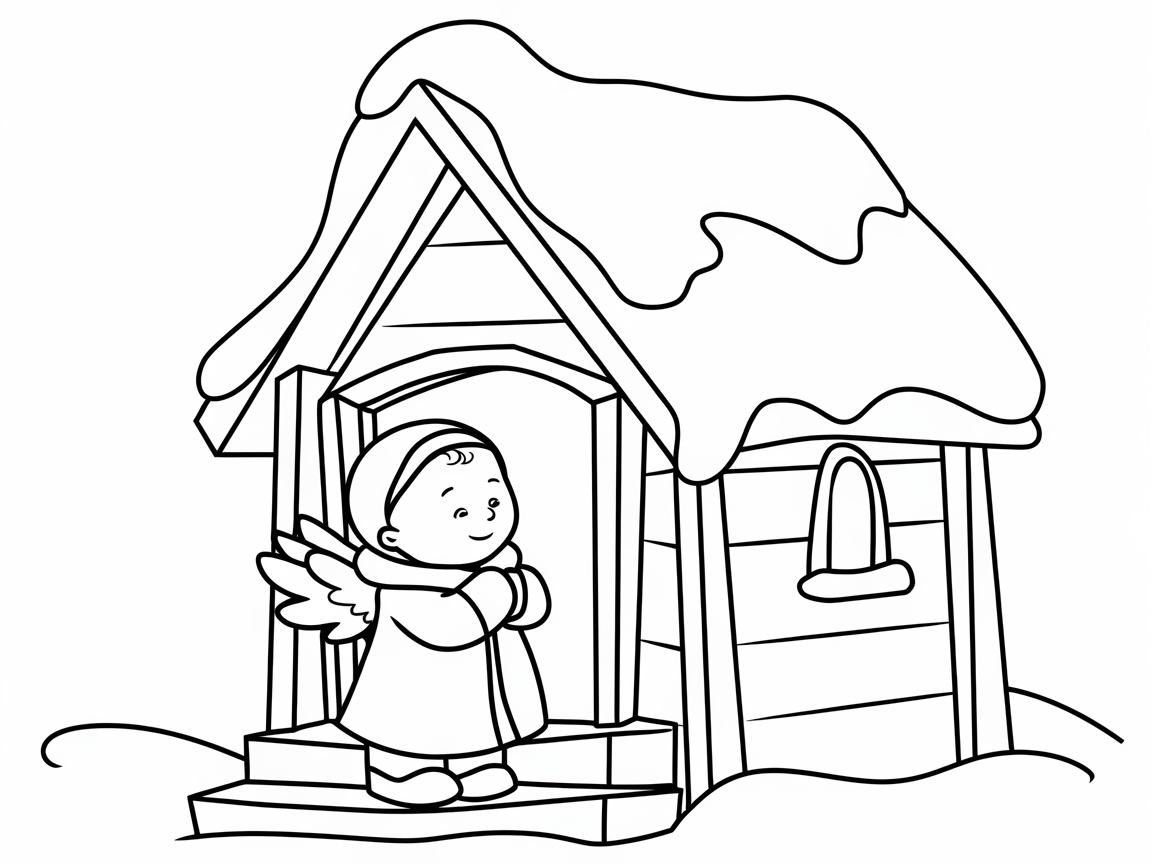 Charming Baby Angel by a Snowy Cottage Coloring Page