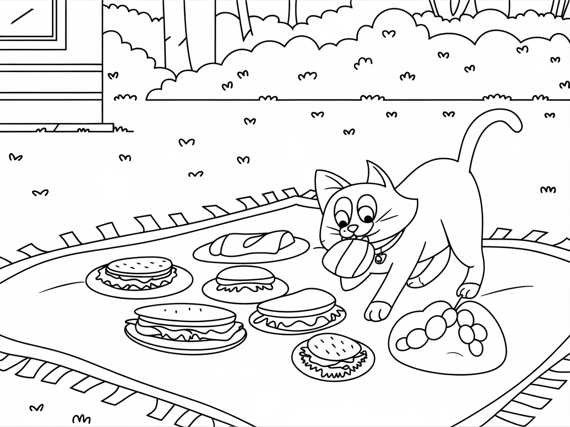 Picnic Fun with a Sneaky Feline Friend