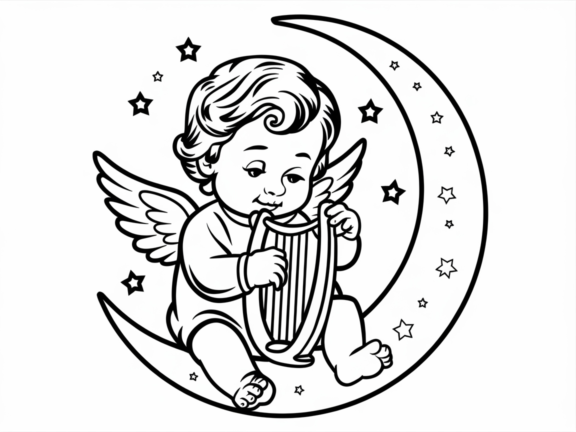 Sweet Angelic Baby Playing a Harp on the Moon