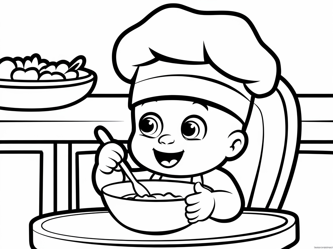 Adorable Baby Chef Enjoying a Meal Coloring Page