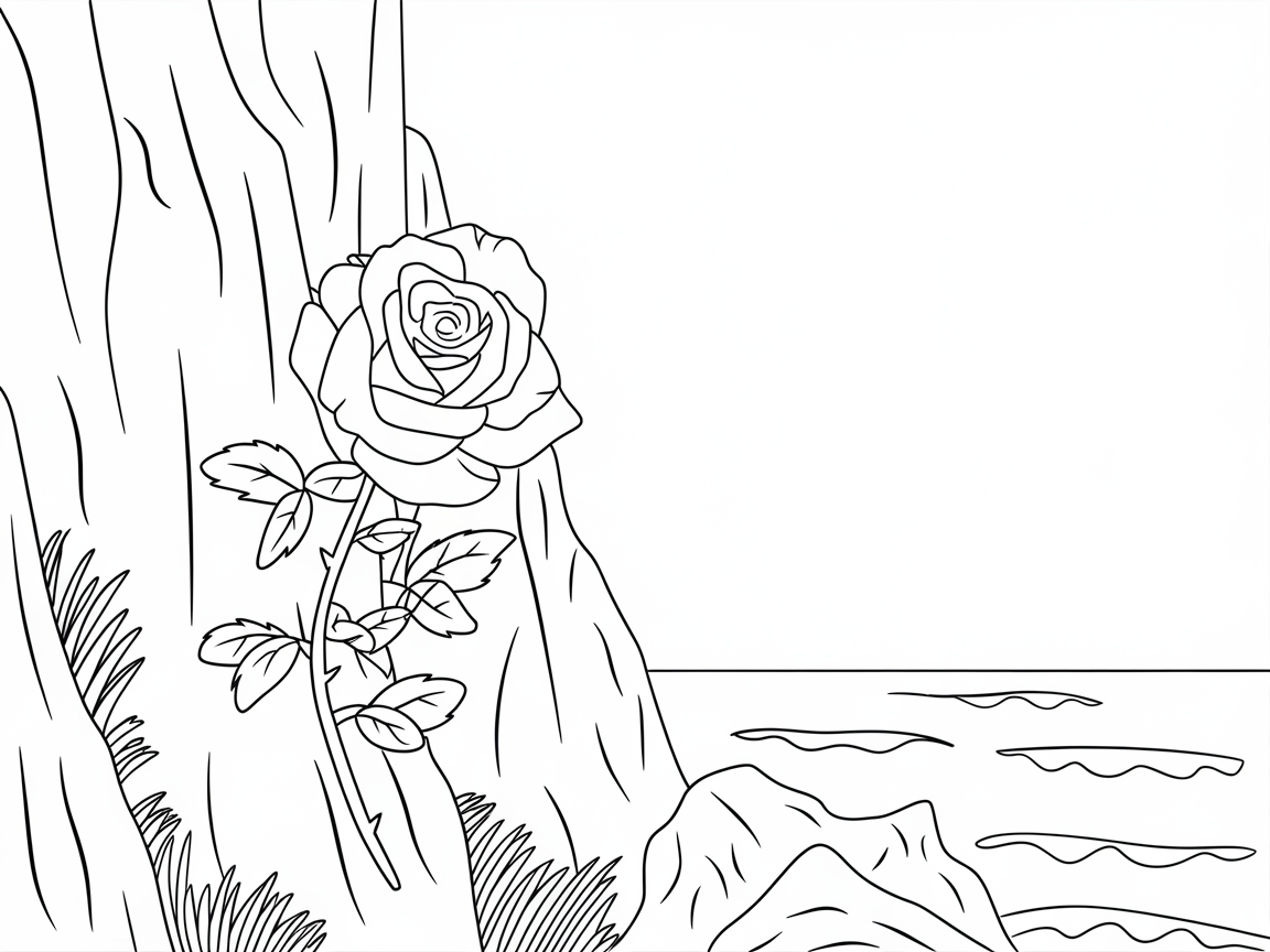 Serene Rose by the Seaside Coloring Page
