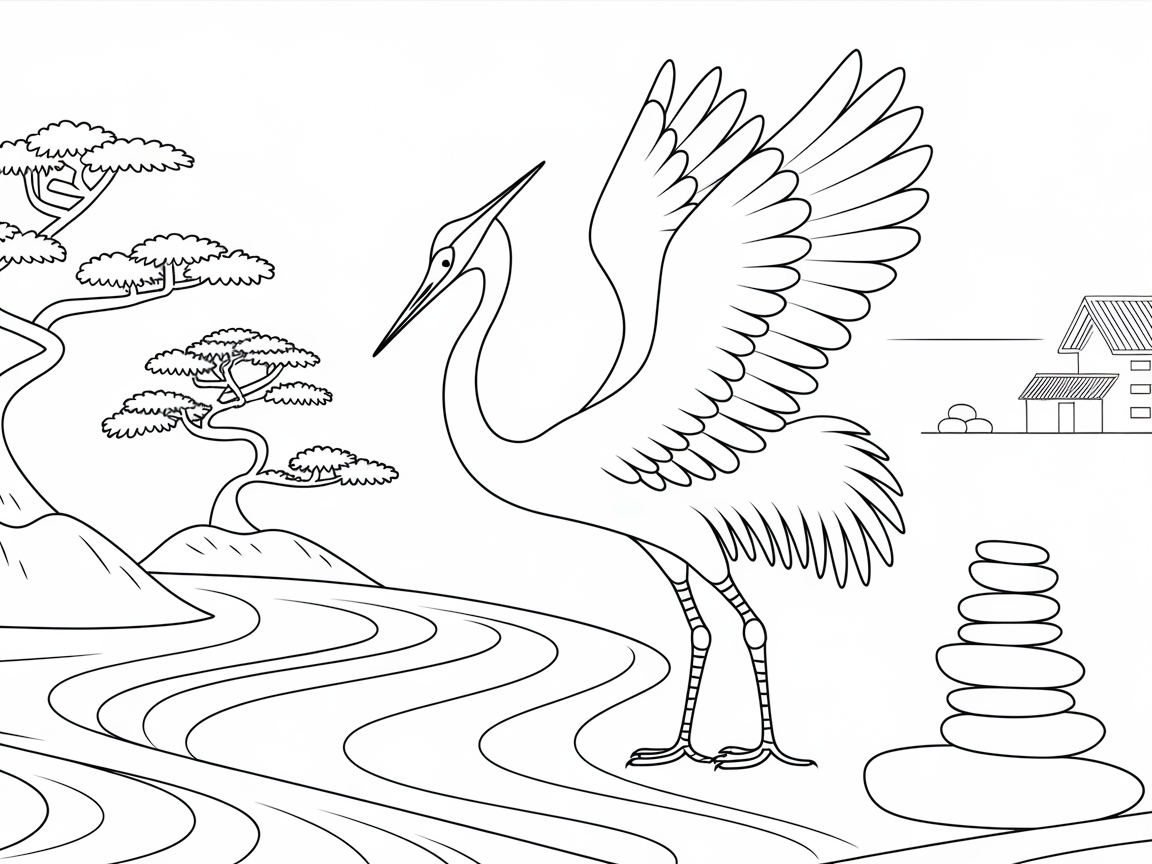 Find Peace with This Serene Crane Coloring Page