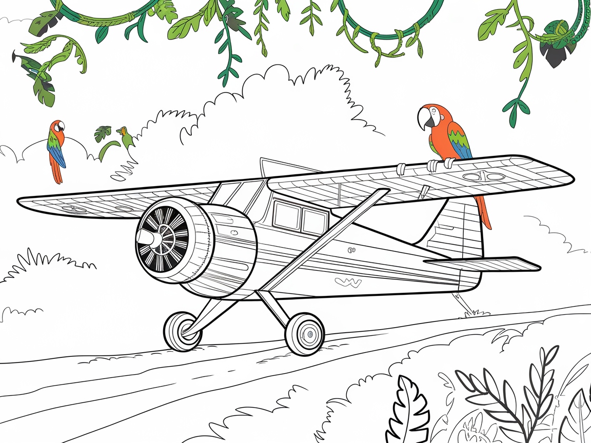 Tropical Takeoff with This Jungle Plane Coloring Page