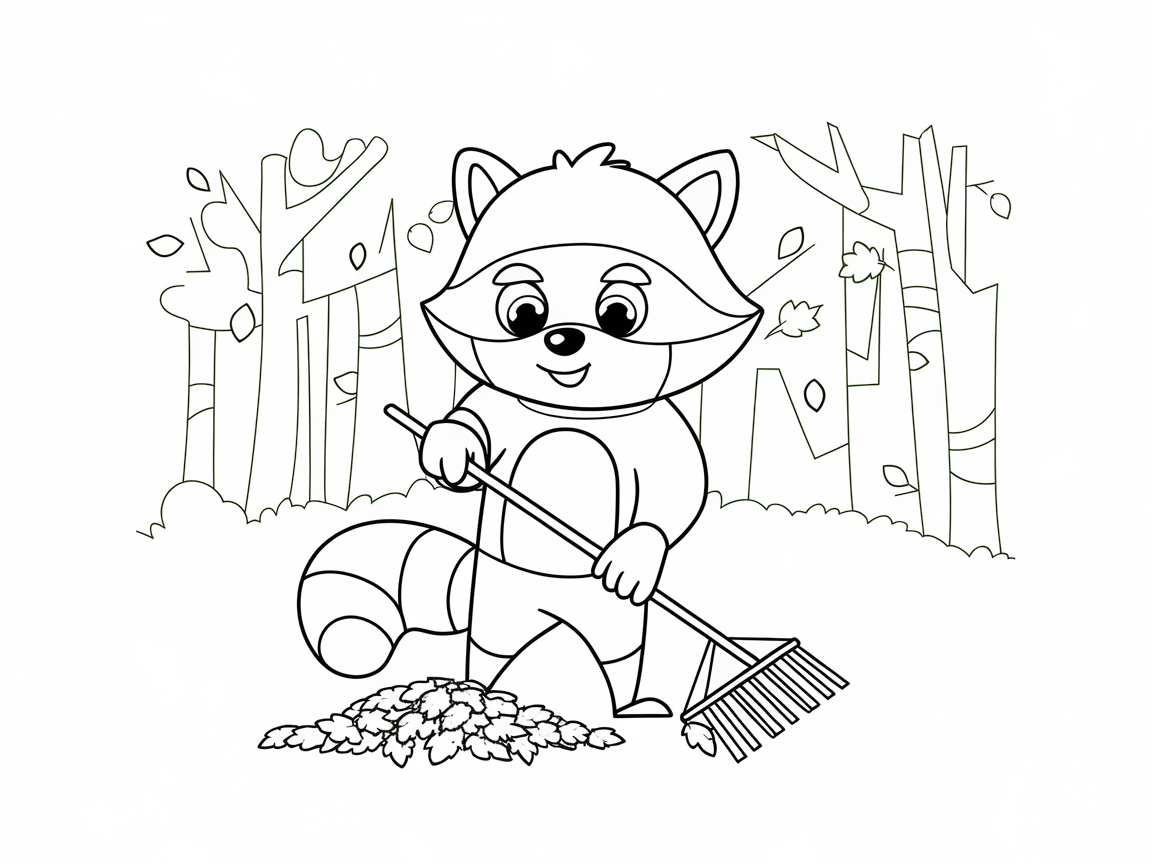 Cute Raccoon Raking Leaves Coloring Page
