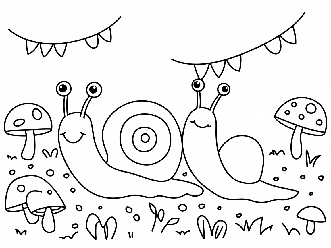 Charming Snail Duo Amidst a Mushroom Wonderland
